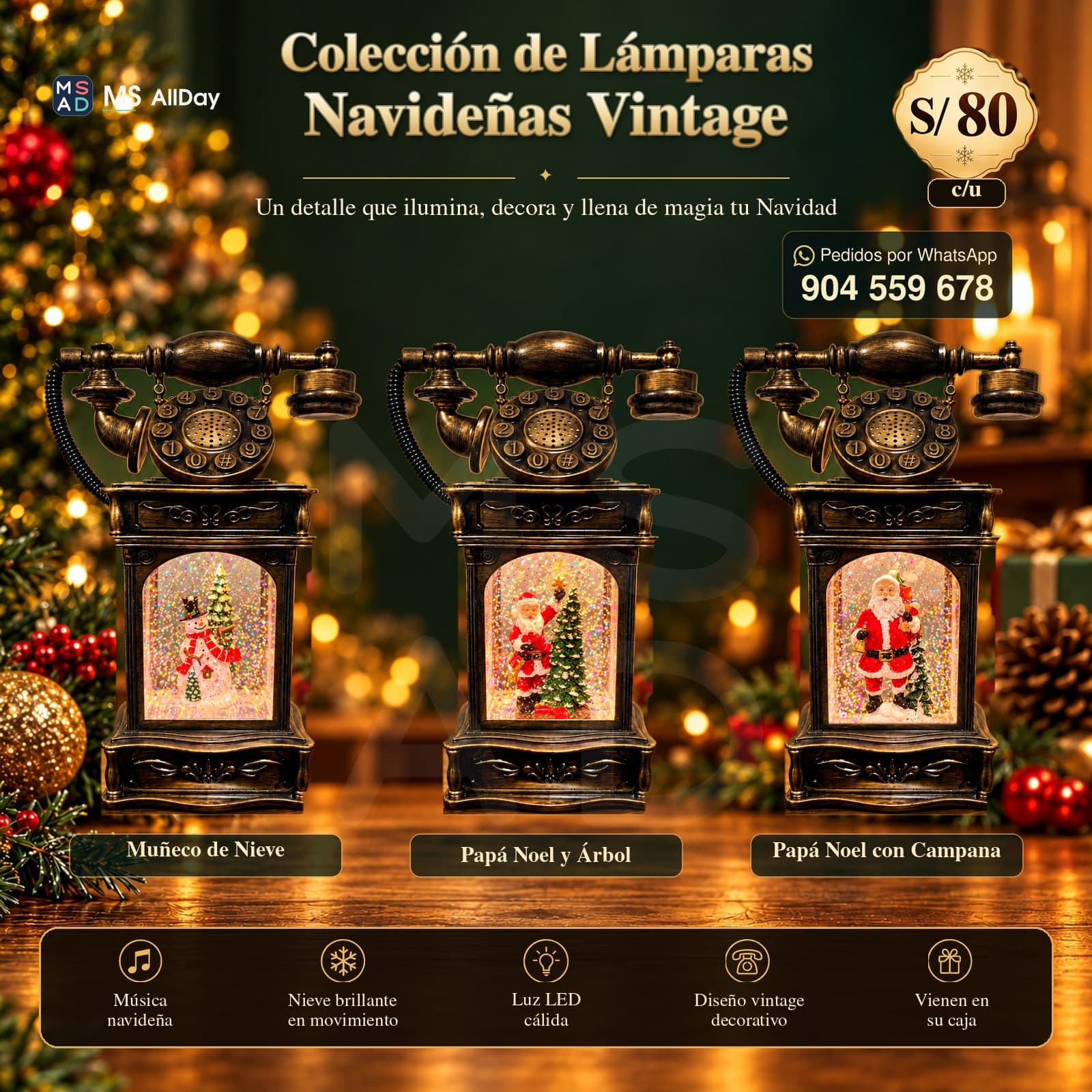 Colección de lámparas navideñas musicales vintage: Muñeco de Nieve, Papá Noel y Árbol, Papá Noel con Campana