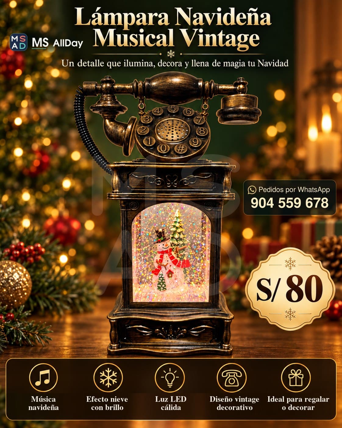 Lámpara Navideña Musical Vintage, diseño Muñeco de Nieve